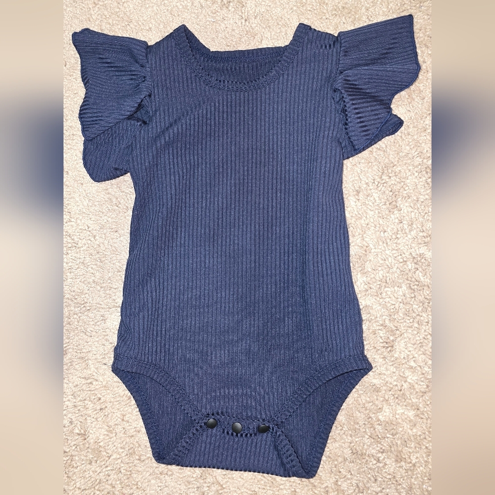 Navy Blue Ruffled Sleeve Ribbed Kids One Piece